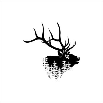 Deer Stag Buck Silhouette with Pine, Evergreen Tree Forest Wildlife Logo Design Vector
