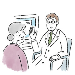 医者　シニア　女性　診察　問診　困っている　水彩　手描き
