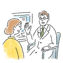 医者　若い　女性　診察　問診　水彩　手描き
