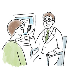 医者　ミドルエイジ　男性　診察　問診　水彩
