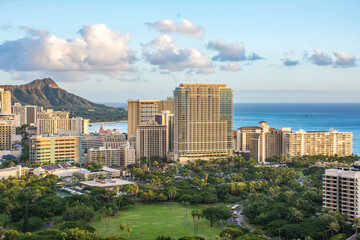 Waikiki hotel skyline with Diamond Head Crater in the background at sunset  in Honolulu on Oahu, Hawaii