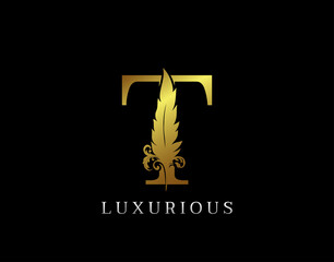 Golden Feather Letter T Luxury Brand Logo icon, vector design concept feather with letter for initial luxury business, firm, law service, boutique and more brand identity.