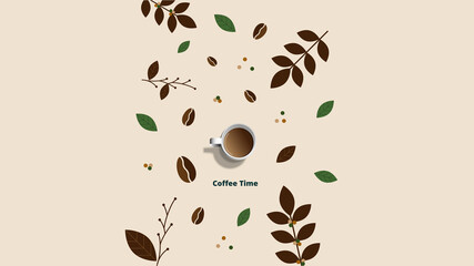 White cup of fresh coffee with steam smoke isolated on coffee tree branches with flower, leaves and beans background with copy space.Decorative design for banner,poster advertisement, flyers and card.