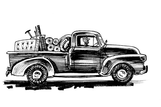 Vintage American truck with a load. Ink black and white drawing