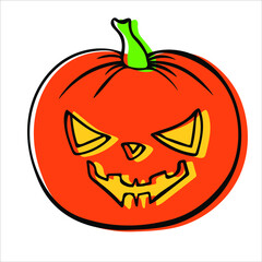 Halloween orange pumpkin hand drawn outline with happy face. Happy Halloween holiday cute character. Greeting card, banner, party invitation design. Vector illustration