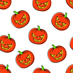 Seamless pattern Halloween orange pumpkin hand drawn outline. Happy Halloween holiday cute character background. Greeting card, banner, party invitation design. Vector illustration