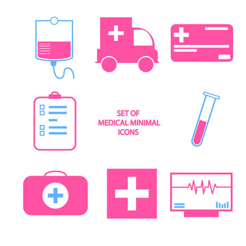 Set Of Medical Icons, Minimal Style, Red And Blue Health Care Symbols On White Background EPS Vector 