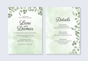 Beautiful wedding invitation template with watercolor leaves and splashes