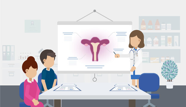 Fertility clinic consultation with doctor and patients flat design vector illustration
