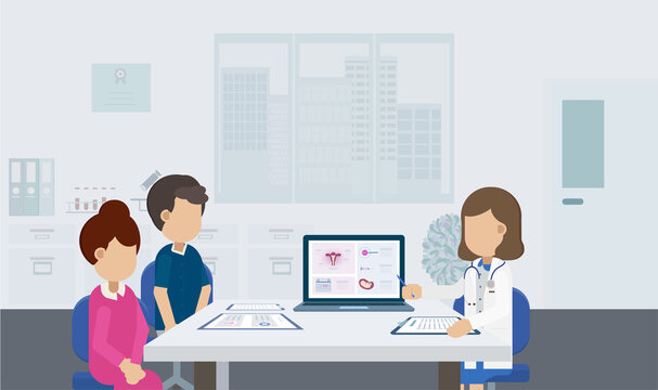 Fertility clinic consultation with doctor and patients flat design vector illustration