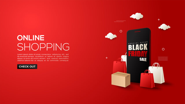 Black Friday online shopping with smartphone and 3d shopping bag on red background.