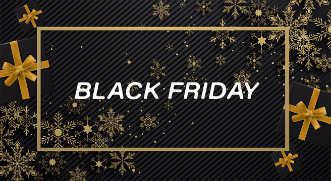 vector black friday sale with gold ribbon, gold snowflex and white text on texture background.