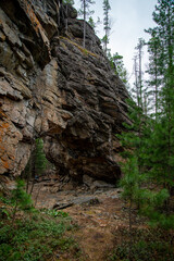 
Stone mountains. 
Stone texture. Mountain gorge. Among the huge rocky mountains there is a mountain river, the mountains are covered with fresh bright green foliage of trees in early spring.

