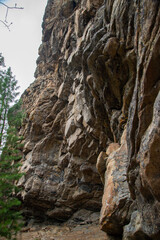 
Stone mountains. 
Stone texture. Mountain gorge. Among the huge rocky mountains there is a mountain river, the mountains are covered with fresh bright green foliage of trees in early spring.
