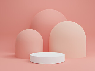 3d rendering pink pastel background with geometric shapes, white circular podium for product minimal presentation.