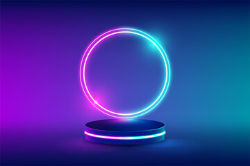 Empty neon stage for product replacement with futuristic circles blue and pink neon light background. vector illustration