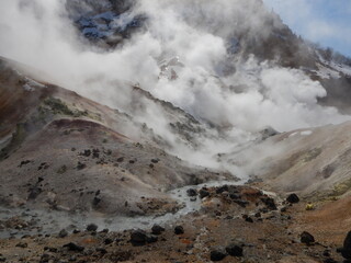 The scenery of Jigokudani Volcano, an active volcano in Hokkaido, Japan