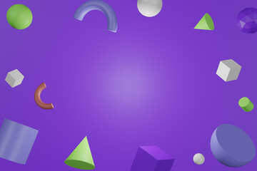 3D abstract colored geometric shapes on purple color background.