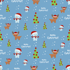 Merry Christmas seamless pattern. Vector illustration with cartoon deer, snowman and Christmas tree.