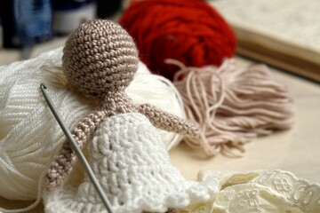 Fototapeta na wymiar yarn doll made with needles to weave yarn, around it yarn of various colors