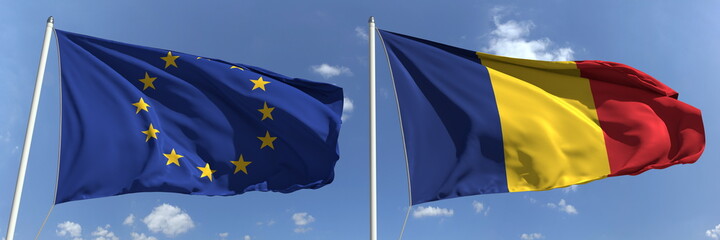 National flags of the European Union and Romania, 3d rendering