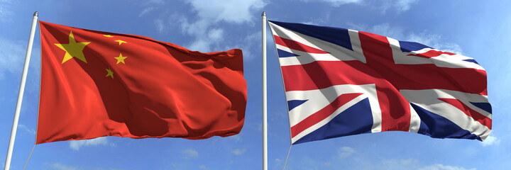 National flags of China and Great Britain, 3d rendering
