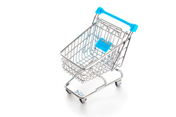Products cart. Food shopping basket for retail market. Empty trolley cart for supermarket isolated on white background. Creative idea for shopping online, summer sale, supermarket.