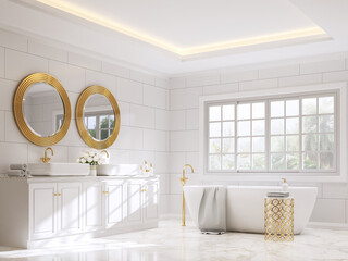 Classical style bathroom 3d render,There are white marble floor and white wall tile with brick pattern,Decorate with golden object ,Rooms have large windows, overlook terrace and nature view.