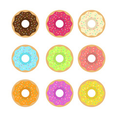 Fototapeta premium Abstract donuts illustration set in style and bright colors. glazed and powdered doughnuts. Vector illustration