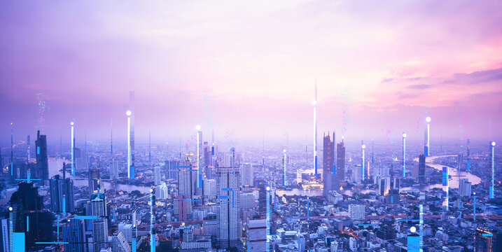 Digital technology modern city network in cyber punk theme color concept