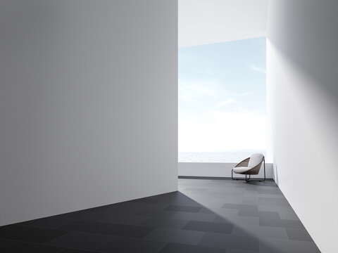 Minimal style terrace space 3d render,there are black granite tile floor,empty white paint wall decorate with rattan chair,overlooking sea and sky view.