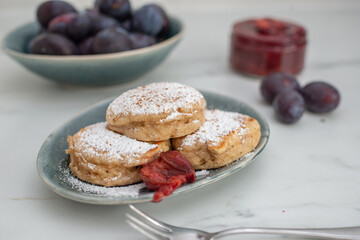 home made pancakes with fresh plum jam