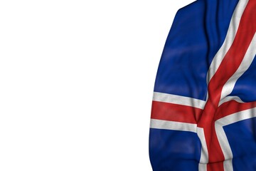 beautiful holiday flag 3d illustration. - Iceland flag with large folds lie in left side isolated on white