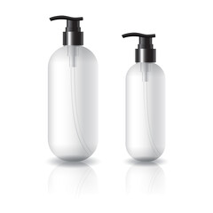 2 sizes of clear oval round cosmetic bottle with black pump head for beauty or healthy product.