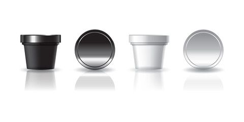 Black and white cosmetic or food round cup with lid for beauty, healthy or food product.