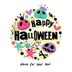 Happy Halloween. Bright print with monsters, bones, stars, hearts and confetti.