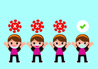 Woman in medical face protection mask. Vector icon character woman wearing protective surgical mask. Concepts of disease, sickness, alergies, pollution, corona virus, covid19