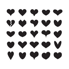 Black ink cute silhouette and isolated different beautiful heart shapes icons set on white background