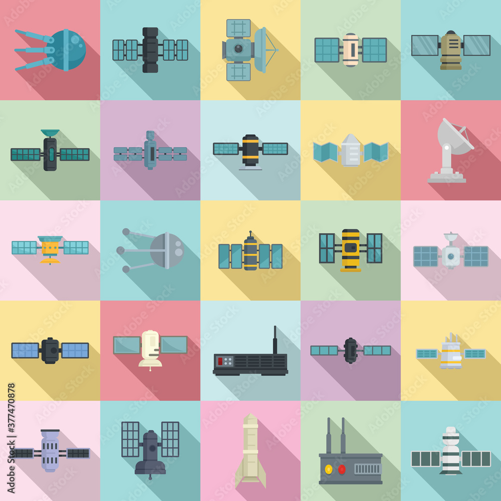 Poster satellite icons set. flat set of satellite vector icons for web design