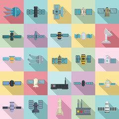 Satellite icons set. Flat set of satellite vector icons for web design
