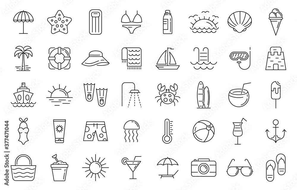 Poster beach icons set. outline set of beach vector icons for web design isolated on white background
