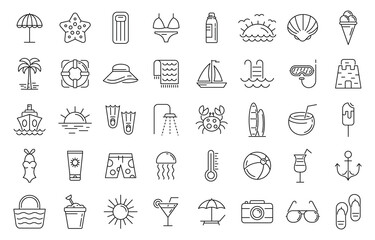 Beach icons set. Outline set of beach vector icons for web design isolated on white background
