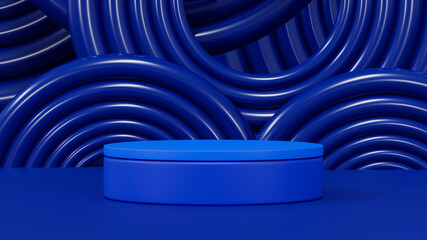3d rendering empty blue cylinder podium with spiral background.