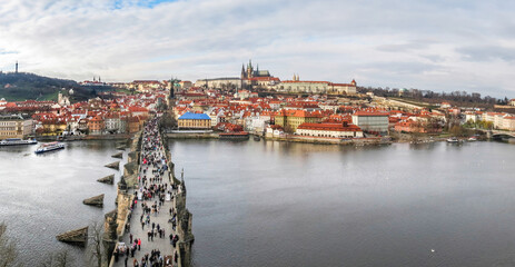 Charles Bridge over the Vltava river, the Malá Strana district and castle in Prague, Czech Republic