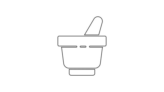 Black line Mortar and pestle icon isolated on white background. 4K Video motion graphic animation.