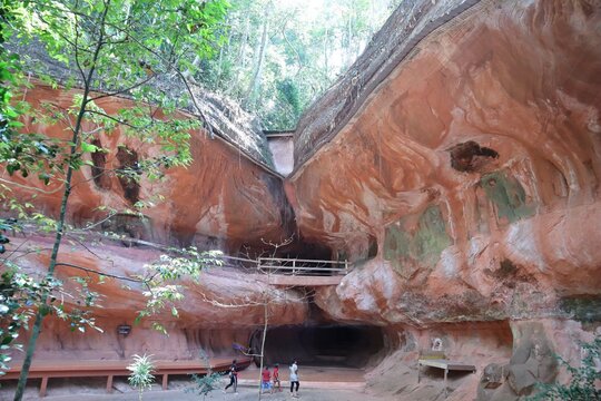 Phu Thok, Bueng Kan Province, Thailand, October 12, 2019. Landscape, wooden walkway, admiring the view on the large, rocky mountains, beautiful, northeastern tourist attraction, Thailand