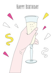 Vector birthday card template with a glass of champagne and confetti