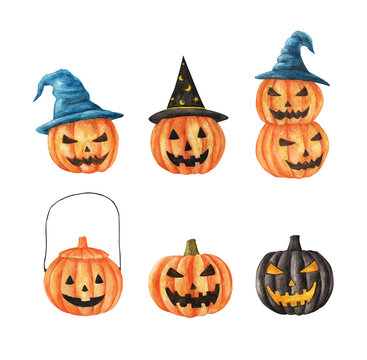 Watercolor Halloween set. Carved faces pumpkins. Hand drawn holiday illustrations isolated on white background.