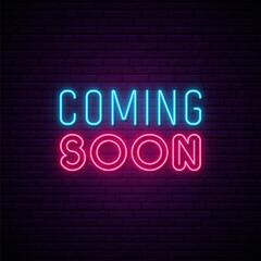 Naklejka na ściany i meble Coming Soon neon sign. Concept neon design for promotion, announcement and advensing. Coming soon glowing text. Vector Illustration.