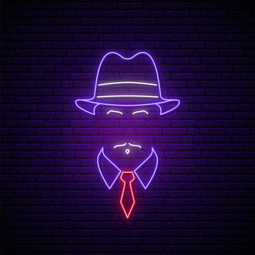 Mafioso neon sign. Man in hat icon. Neon signboard. Mafia symbol in neon style. Stock vector illustration.